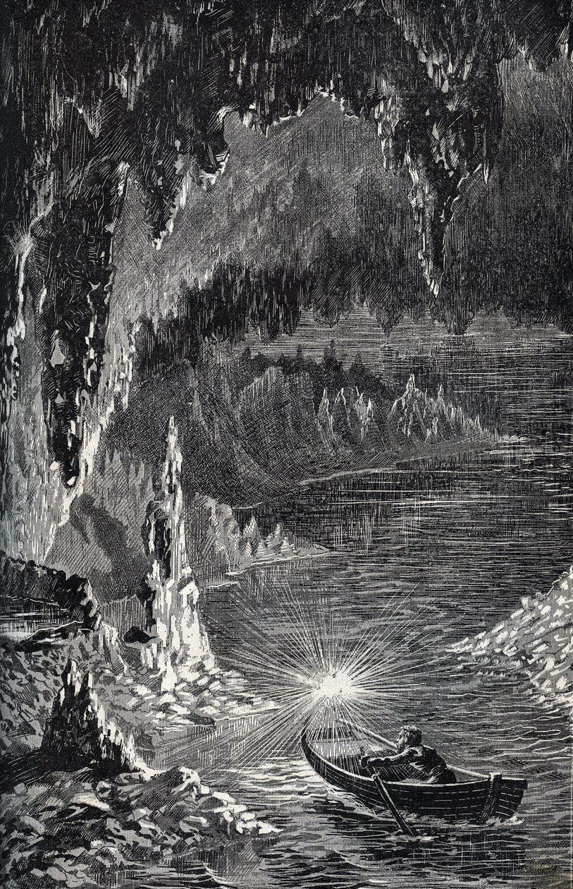 Padirac-grottan i Lot-avdelningen, i Frankrike - Underjordisk flod - Gouffre de Padirac - i Lot i Frankrike - gravyr i "" PATRIE" - PIK BESKRIVNING AV FRANKRIKE I 6 VOLYER AV LUCIEN HUARD - slutet av 1800-talet av French School