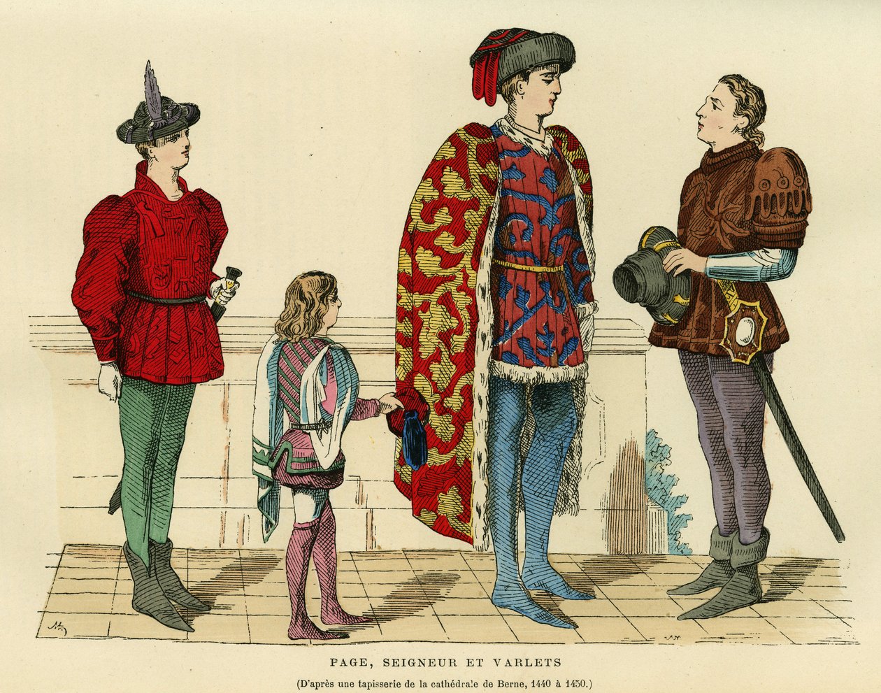 Siddräkter, herre och varlett på 1400-talet,. Gravyr i färger efter en gobeläng av katedralen i Bern 1440-1450, i "France et les francais a travers les centuries" av Augustin Challamel, F.Roy redaktör, Paris 1882. Selva Collection. av French School