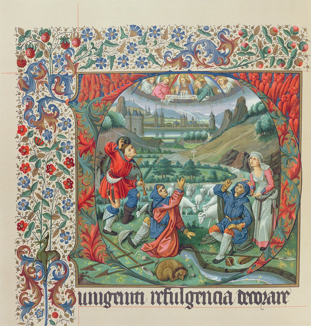 Sida från en faksimilupplaga av Missel de Jouvenel des Ursins med en historisk initial och utsikt över Paris och Seine på 1400-talet av French School
