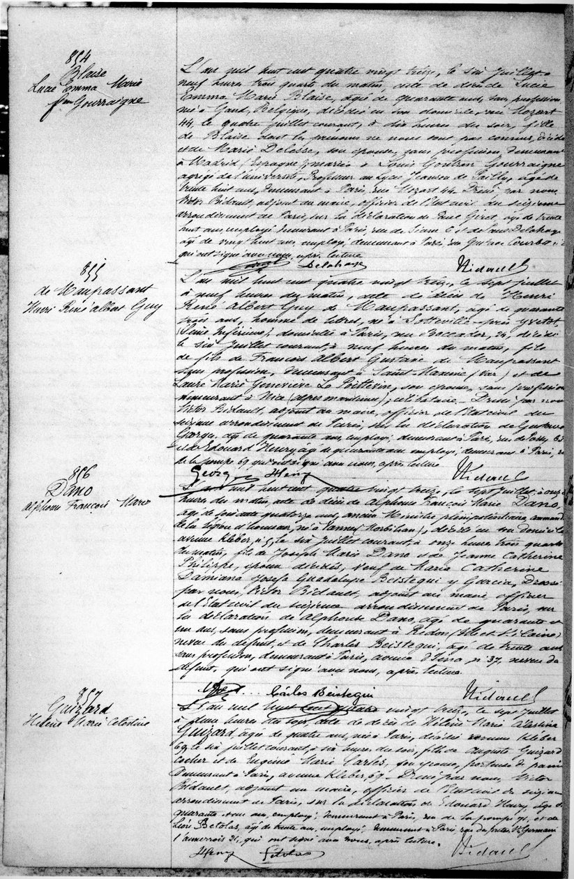 Sida med Guy de Maupassants (1850-93) dödsattest 7 juli 1893 (penna och bläck på papper) (se 199748 för detaljer) av French School
