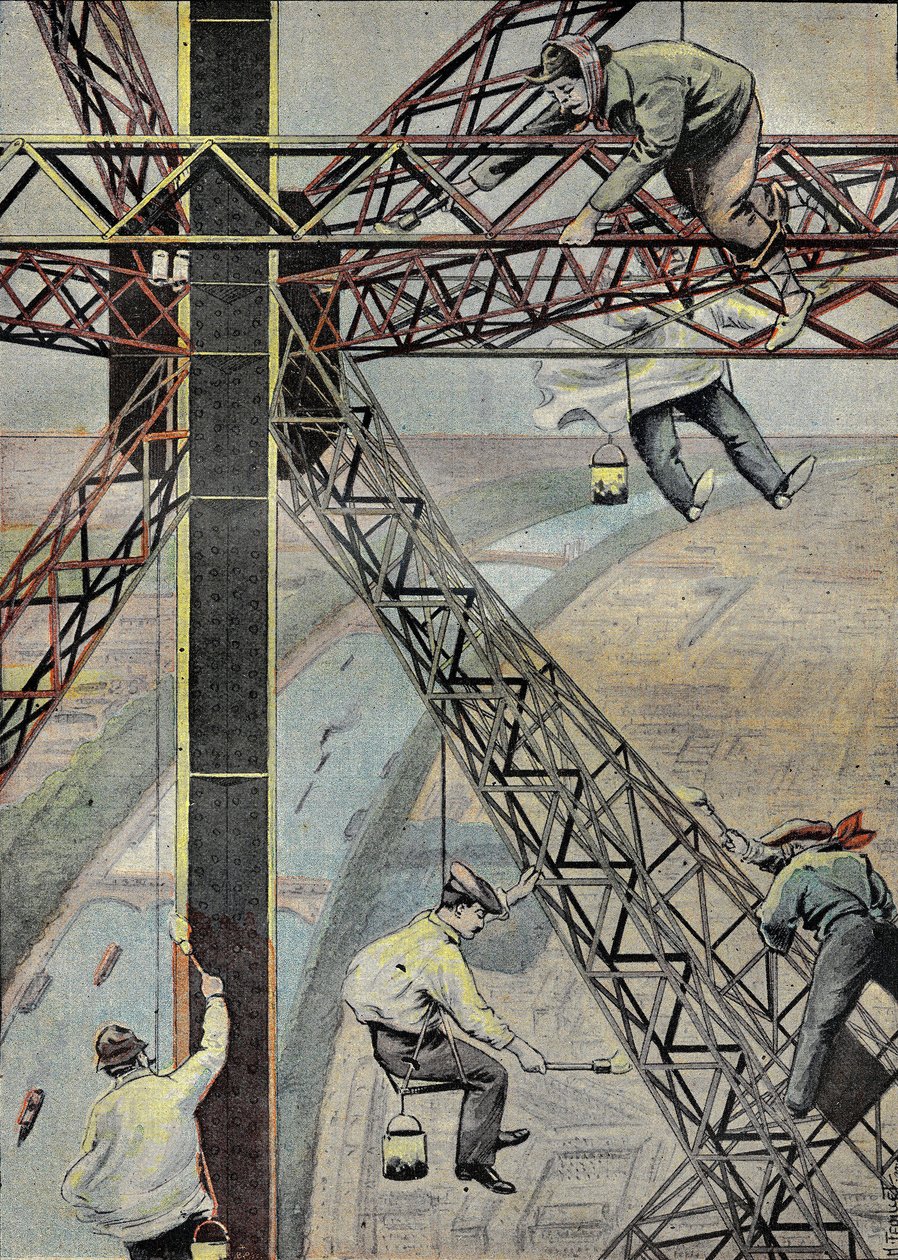 Målare på jobbet, hängande 200 meter ovanför Paris, för att måla Eiffeltornet 1899. Gravyr i "" Le Pelerin"" 1899-07-16. av French School