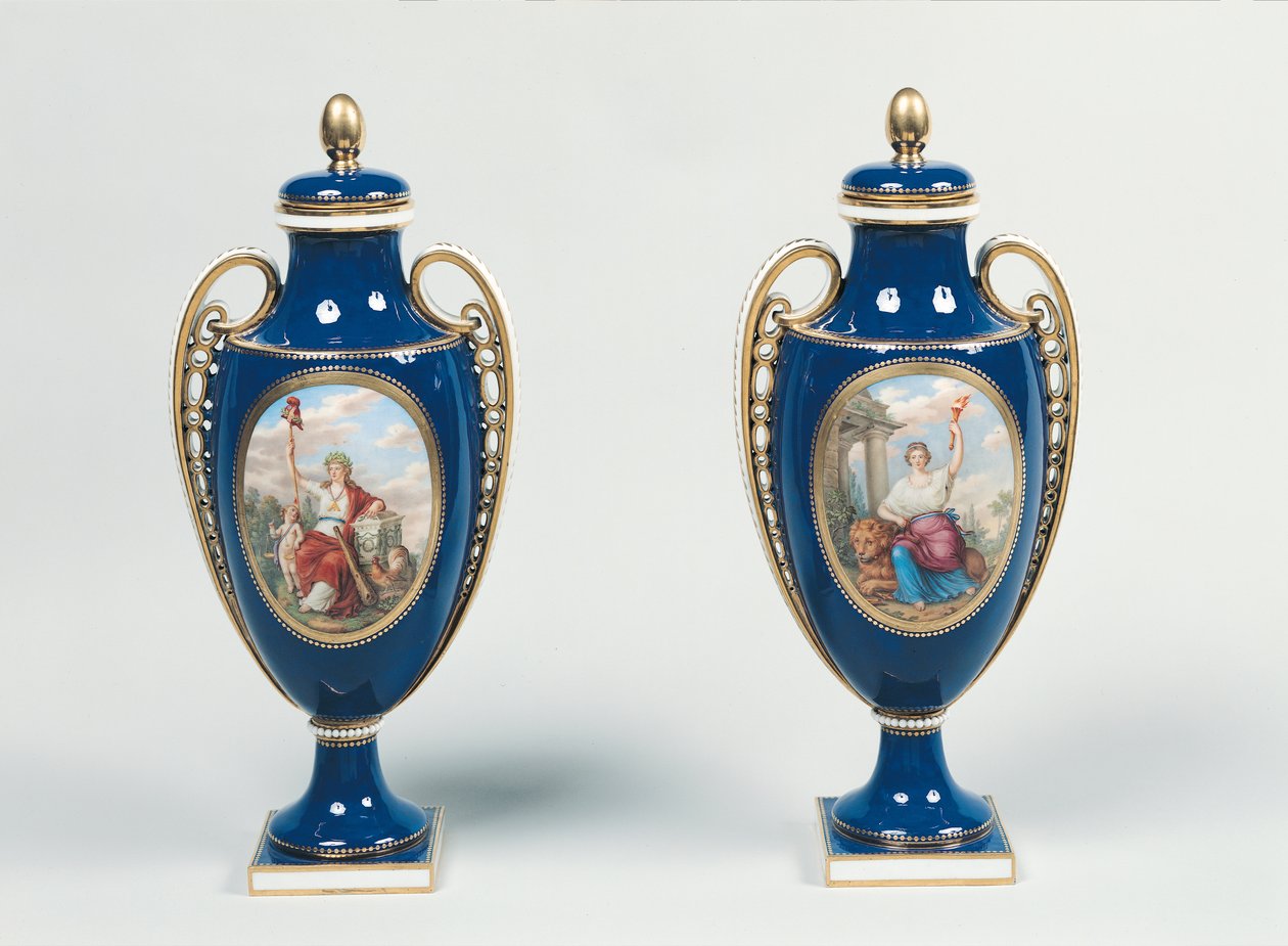 Ett par Sevres-vaser dekorerade med allegoriska figurer av Rättvisa och Republiken (porslin) av French School