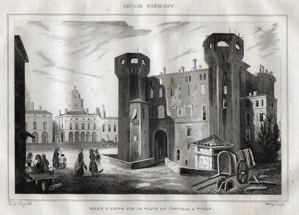 Palace of Aosta på Place du Chateau i Turin - Gravyr från "" Italien Pittoreska"" - Historisk och beskrivande målning av Italien" av M. de Norvins, Ch. Nodier 1834-1836. av French School