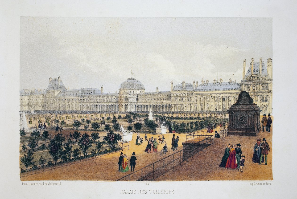Tuileriepalatset, Paris. Akvarelllitografi, illustration i "Album, souvenirs de Paris", Daziaro-redaktör, Paris av French School