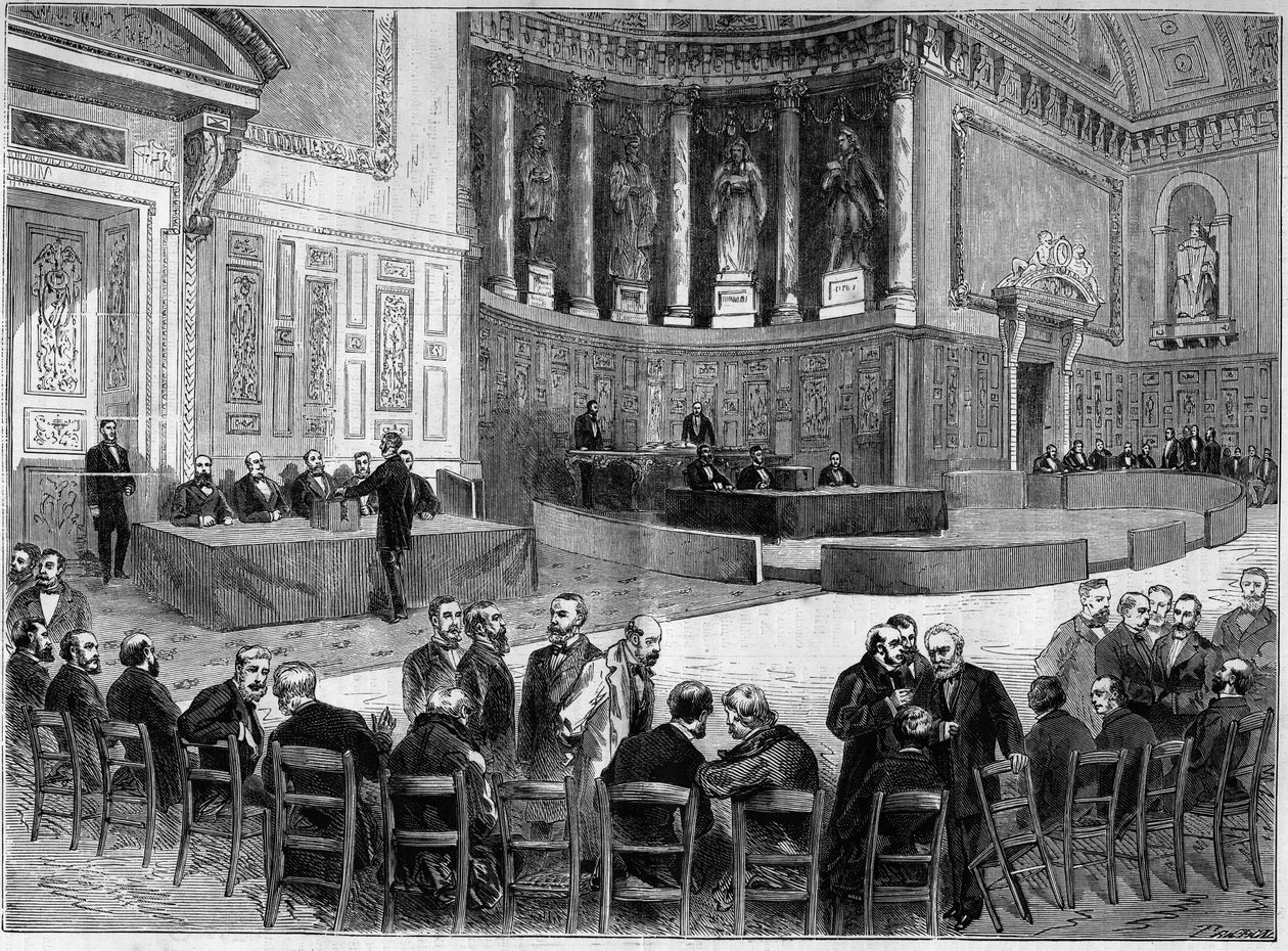 Palais du Luxembourg i Paris: val den 30 januari för val av senatorer för departementet Seine. Stående är stolen i ena handen igenkänd som Victor Hugo (1802-1885), politiker. Gravyr i "" L