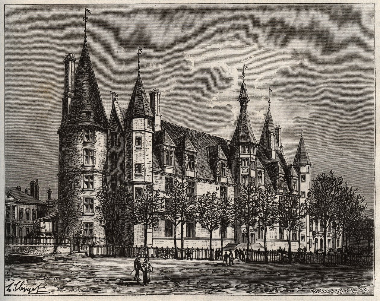 Palais ducal de Nevers - Chateau du 1400 - 1500-tal - gravyr i "La France illustree: geografi, historia, statistisk administration" av V.-A. Malt-brunt. 1884 av French School