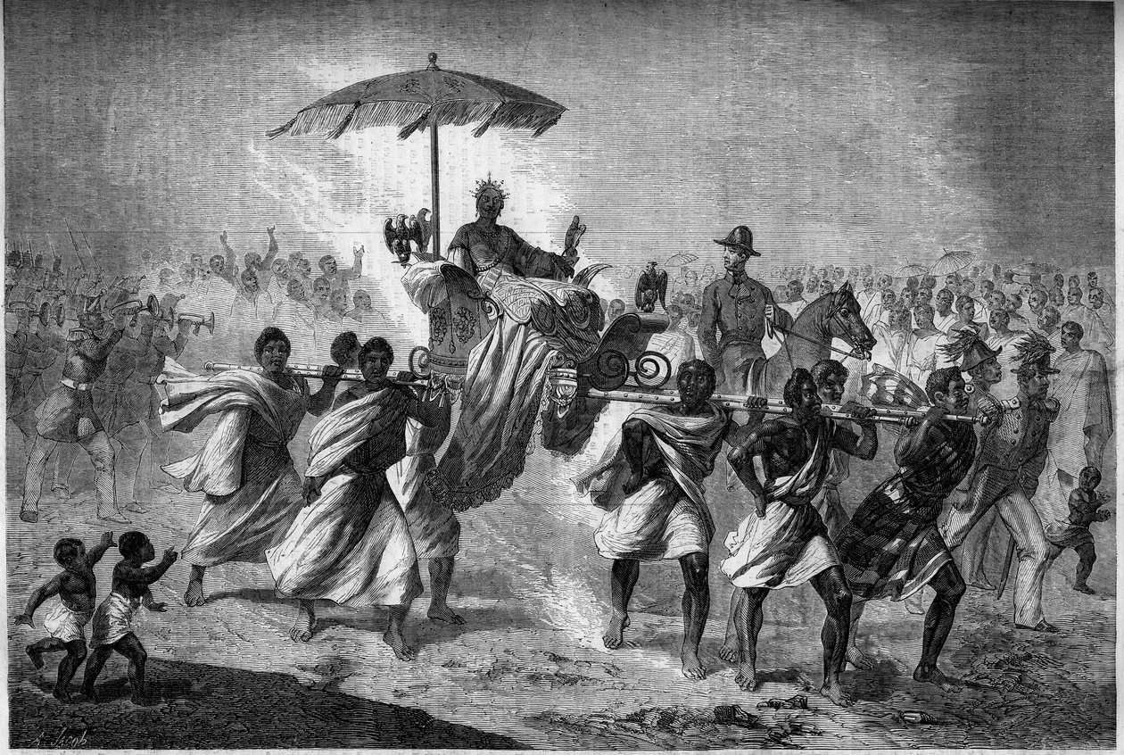 Palanquin Walk av drottningen av Madagaskar Raboude (Rasoherina) (1818-1868), fru till Radama II. Gravyr i "" Den illustrerade världen"" nr 303 av 31 januari av French School