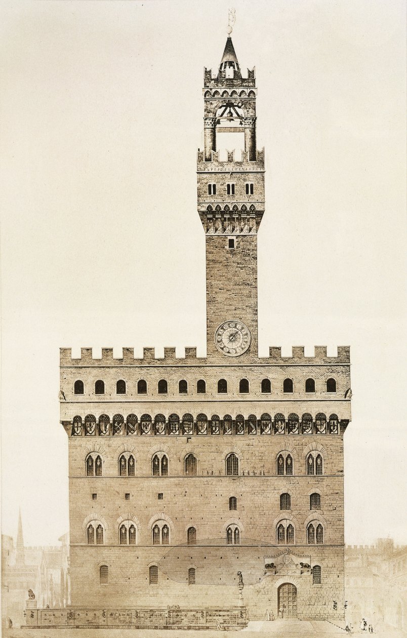 Palazzo Vecchio, eller Palazzo della Signoria, Florens, från Fragments dArchitecture du Moyen Age et de la Renaissance, graverad av Jules Adolphe Chauvet (f.1828) av French School