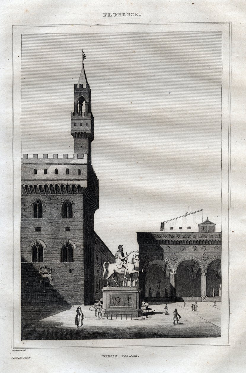 Palazzo vecchio i Florens - Piazza della Signoria - Gravyr från "" Pittoreska Italien" - Historisk och beskrivande målning av Italien" av M. de Norvins, Ch. Nodier 1834-1836. av French School