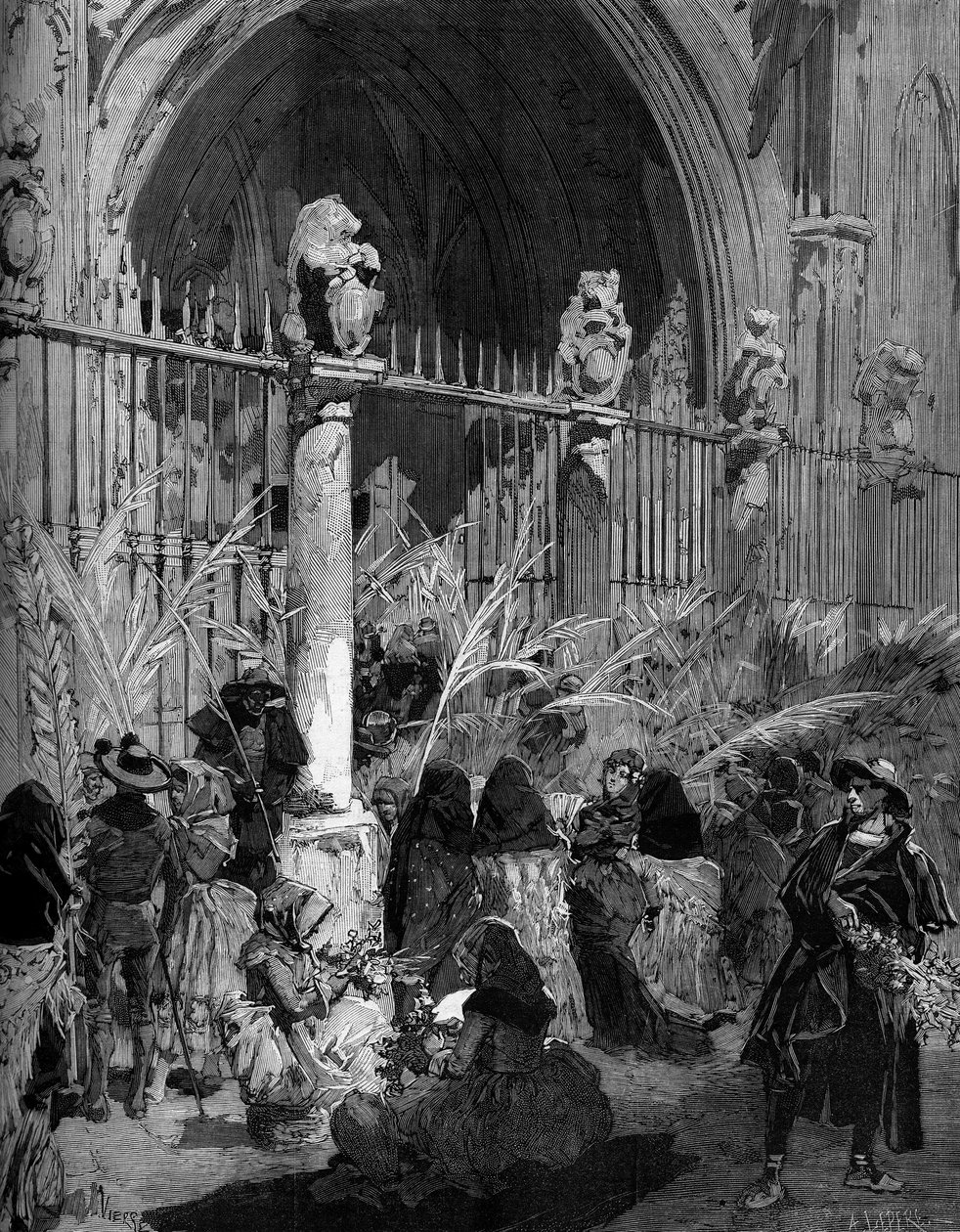 Palmsöndag i Spanien: försäljning av benitpalmer framför katedralen i Toledo. Gravyr av Jungfrun i ""The Illustrous World"" nr 1200 av 27 mars 1880. av French School