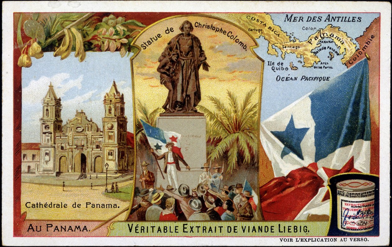 Panama: katedralen, statyn av Columbus, flaggan - chromo. av French School