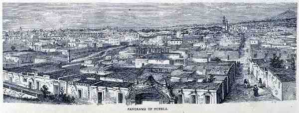 Panorama över Puebla, centrala Mexiko, från The Ancient Cities of the New World, av Claude-Joseph-Desire Charnay, pub. 1887 av French School