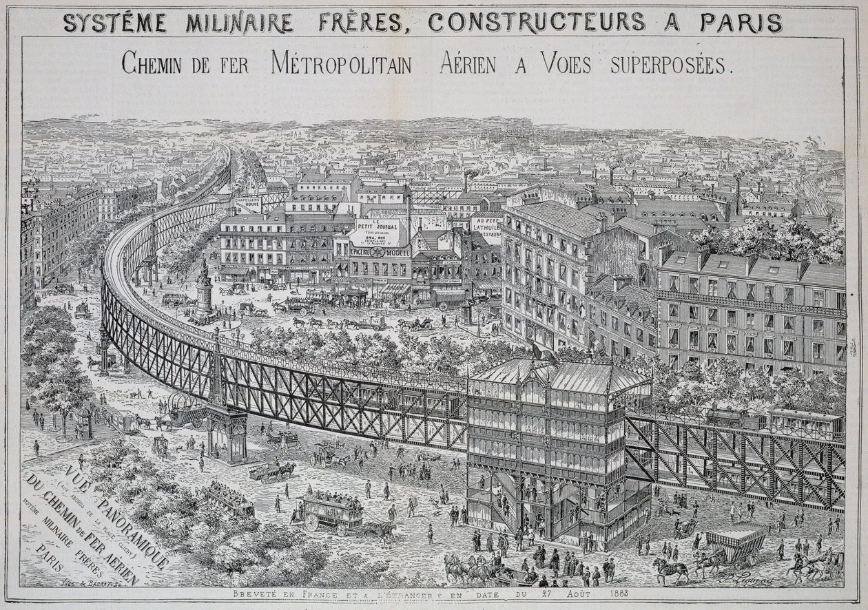 Panoramautsikt över Overground Metro i Paris, illustration från Le Metropolitain, maj 1885 av French School