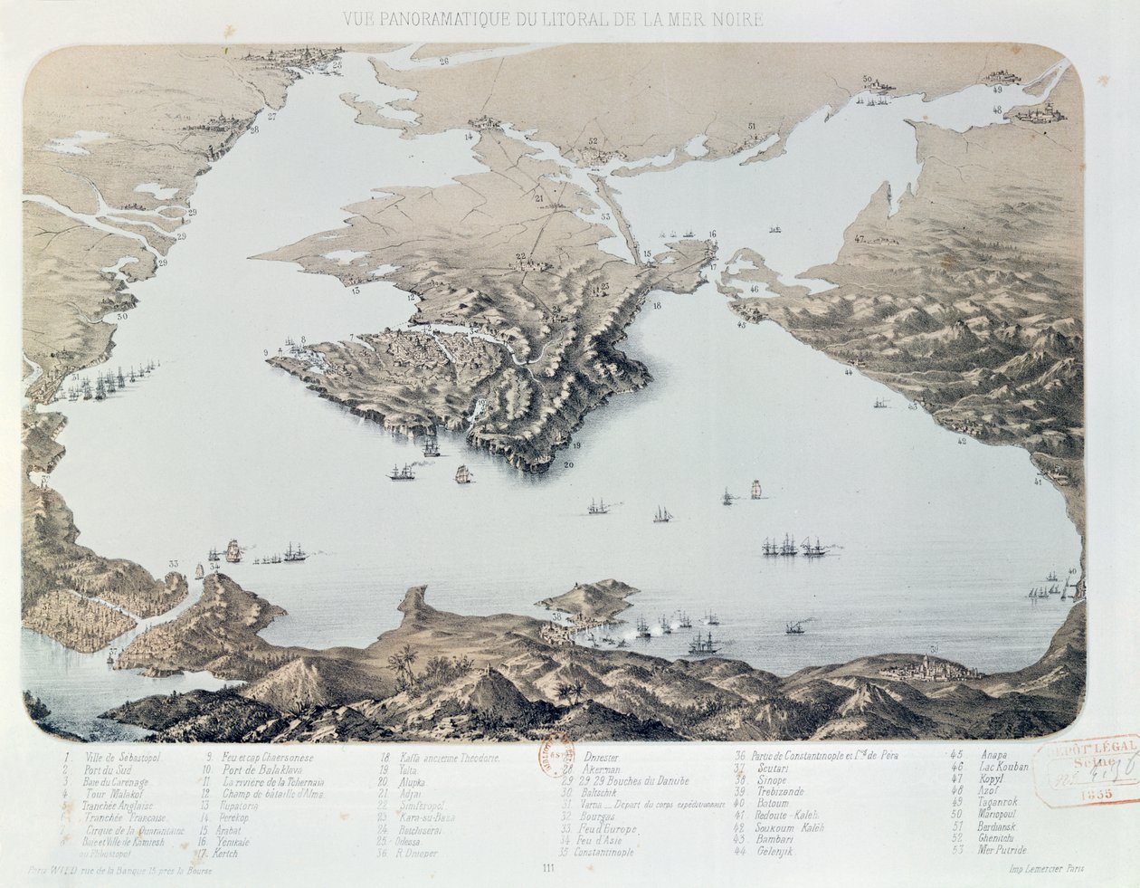 Panoramautsikt och plan över Sevastopol och Svarta havets kust vid tiden för Krimkriget, 1855 av French School