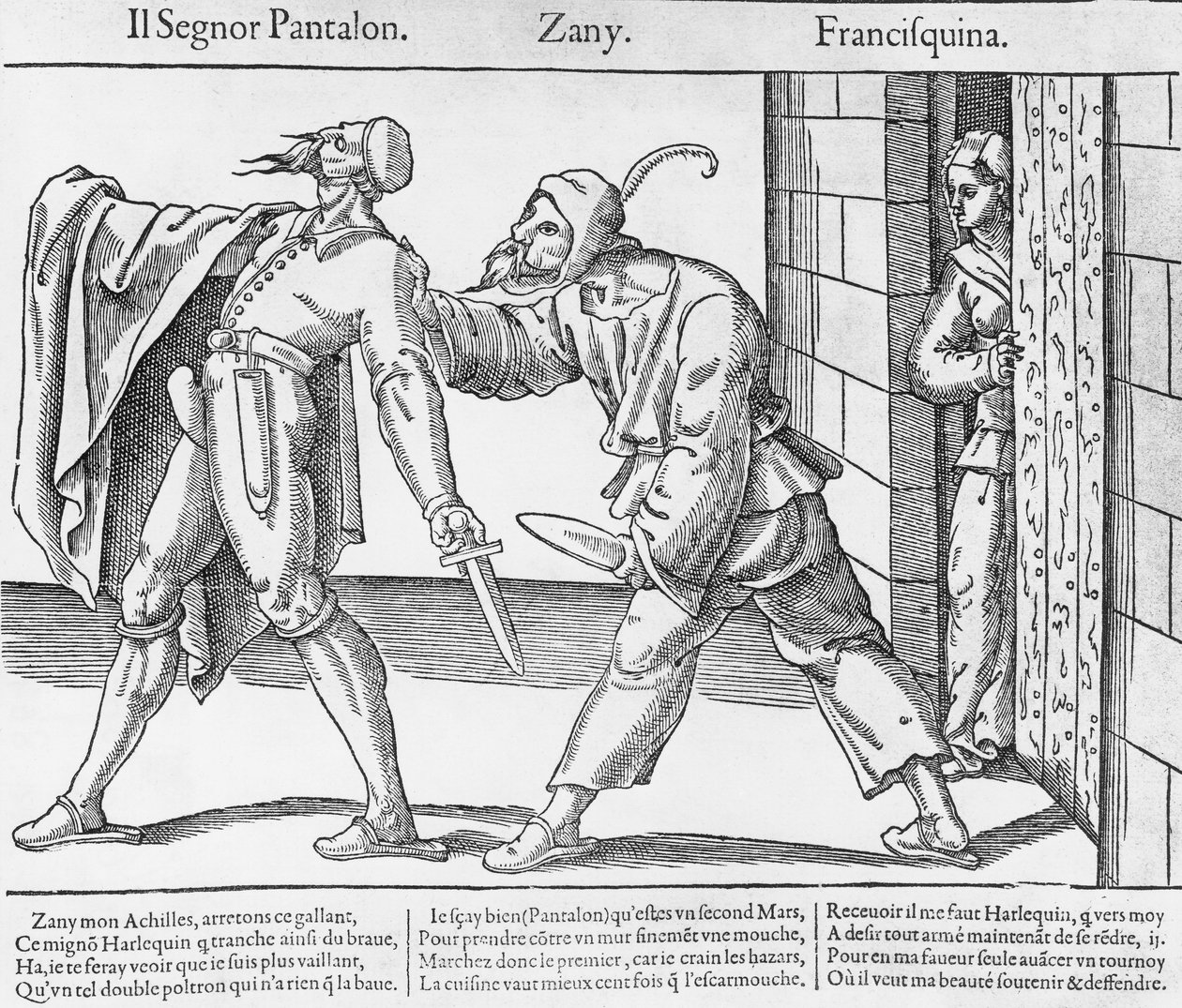 Pantalone, Zanni och Franceschina, scen från italienska Commedia dell