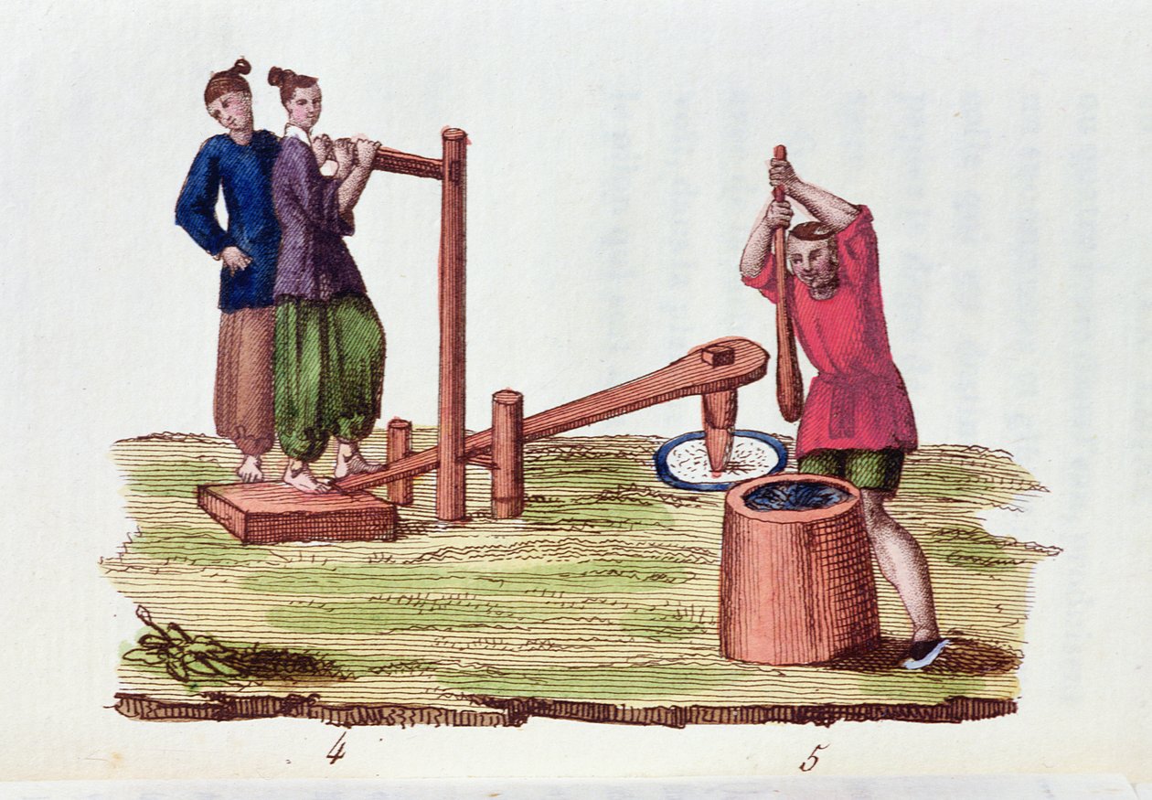 Papperstillverkning av bambu, från La Chine en Miniatures av M. Breton, publicerad i Paris, 1811 av French School