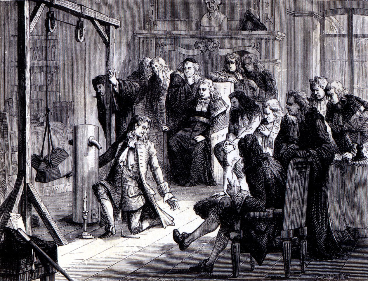 Papin (1647 - 1714) experimenterar med sin pulvermaskin inför professorerna vid universitetet i Marburg - i "Album of Science; berömda vetenskapsmän; Stora upptäckter””” 1896. av French School
