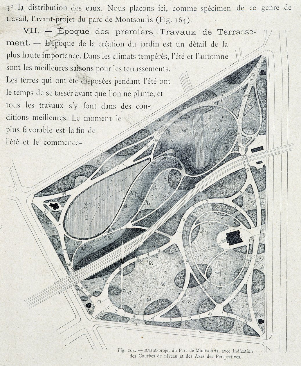 Parc de Montsouris: plan över trädgården i förväg av French School