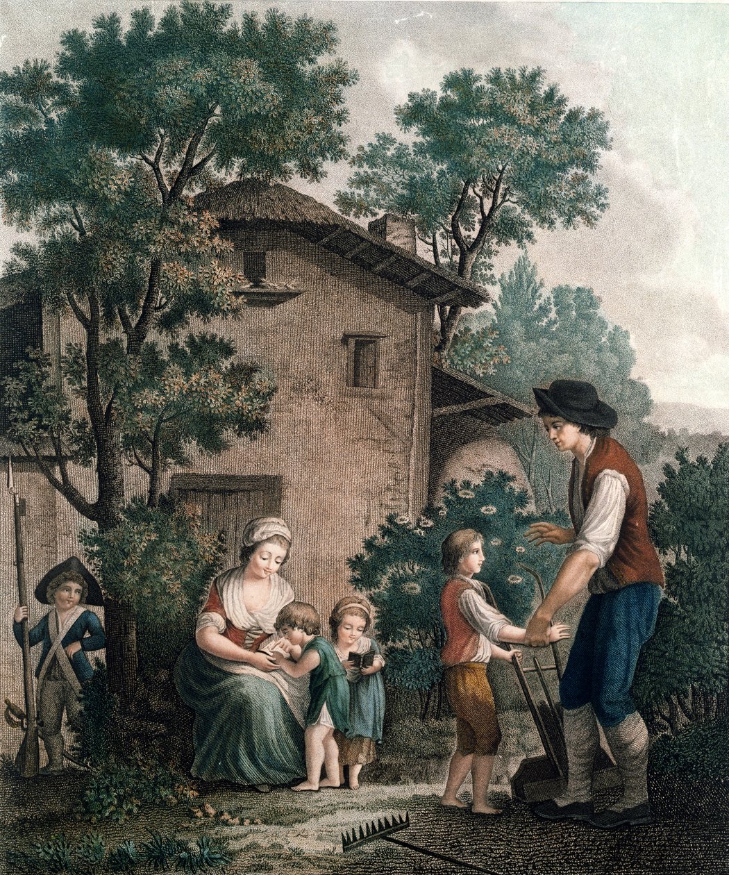 Föräldrar är de riktiga lärarna, sent 1700-tal (färggravyr) av French School