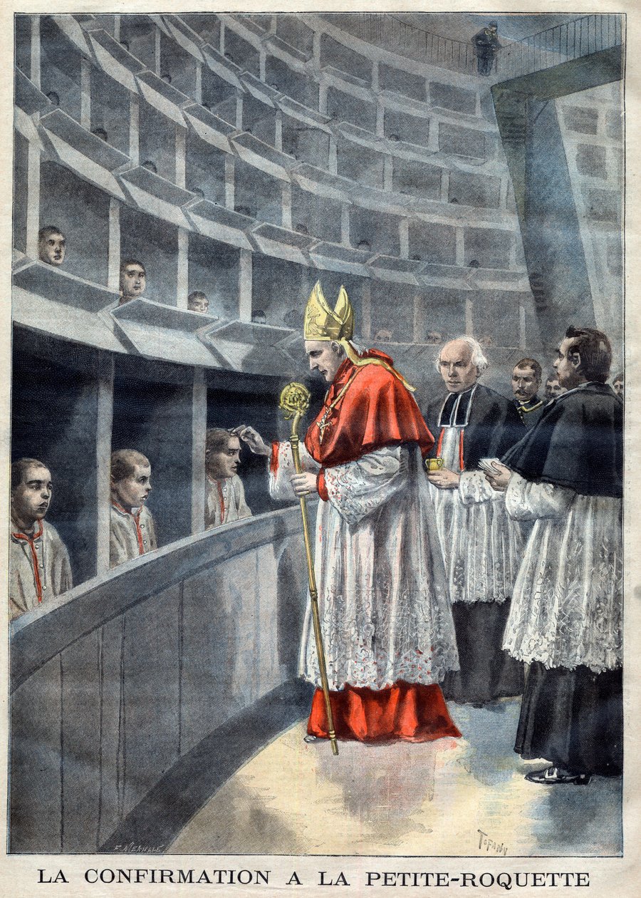 Paris - Prison de la Petite Roquette (fängelse för kvinnor och ungdomar) - Konfirmation på La Petite-Roquette - Mrg Richard, ärkebiskop av Paris illustration av Meaulle, Fortune Louis (1844-1901) i "Le Petite Journal", november 1896 - Religiös Bekräftelse av French School