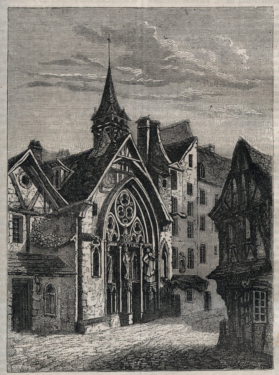 Paris - Rue Saint-Martin, kyrka Saint-Julien-des-Menetriers (Saint Julien des Menetriers) Gravyr i "" Paris fysiska, civila och moraliska historia: från den första historiska tiden till idag" av Jacques Antoine Dulaure av French School