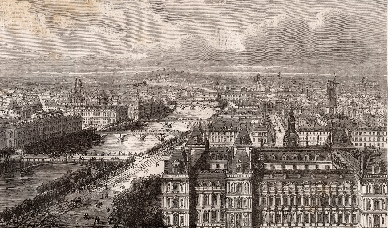 Paris - Seine - Broarna - utsikt från Saint-Gervais torn - gravyr i "La France illustrée: geografi, historia, statistisk administration" av V.-A. Maltbrunt. 1884 av French School