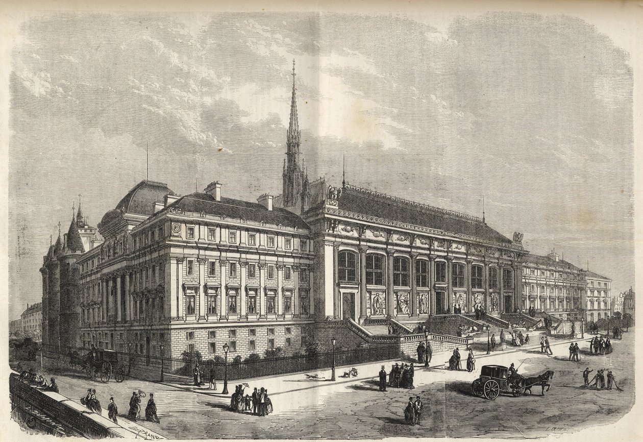 Paris - ny fasad av domstolsbyggnaden, byggd av Joseph-Louis Duc (1802-1879) - (västra fasaden, på Rue de Harlay) gravyr från 1869 av French School