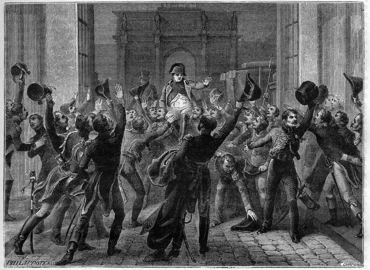 Paris, 20 mars 1815 - Napoleon I återvänder till Tuilerierna - Les Cent jours (100 dagar) Napoleons återkomst till Tuilerierna, 20 mars 1815 - i "Imperiets historia efter konsulatets historia" av Adolphe Thiers - 1879 - privat samling av French School