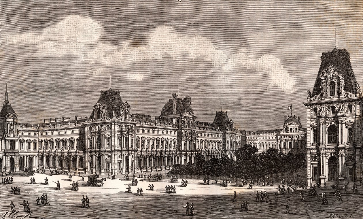 Paris Le Louvre - gravyr i "La France illustree: geografi, historia, administrationsstatistik" av V.A. Malt-brunt. 1884 av French School