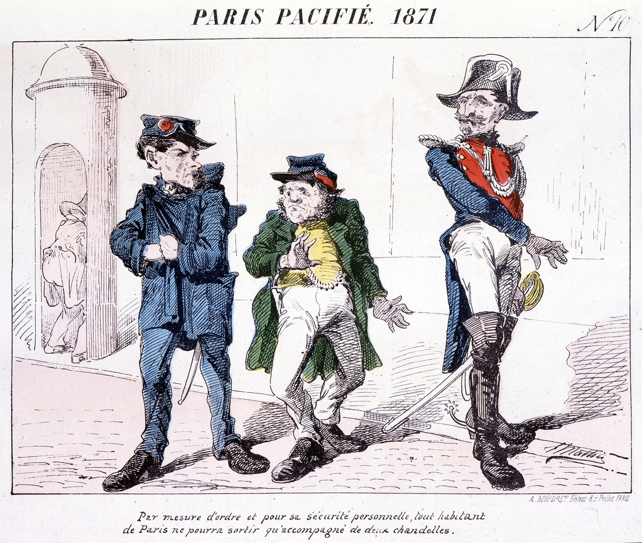 Paris Pacified 1871 - Som ett mått på ordning och personlig säkerhet kan varje invånare i Paris bara gå ut med två ljus. Tecknad film om kommunen. av French School