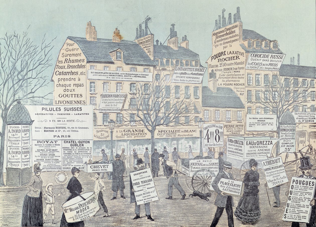 Paris Street Scene med många annonser, främst för mediciner, 1885 (färggravyr) av French School