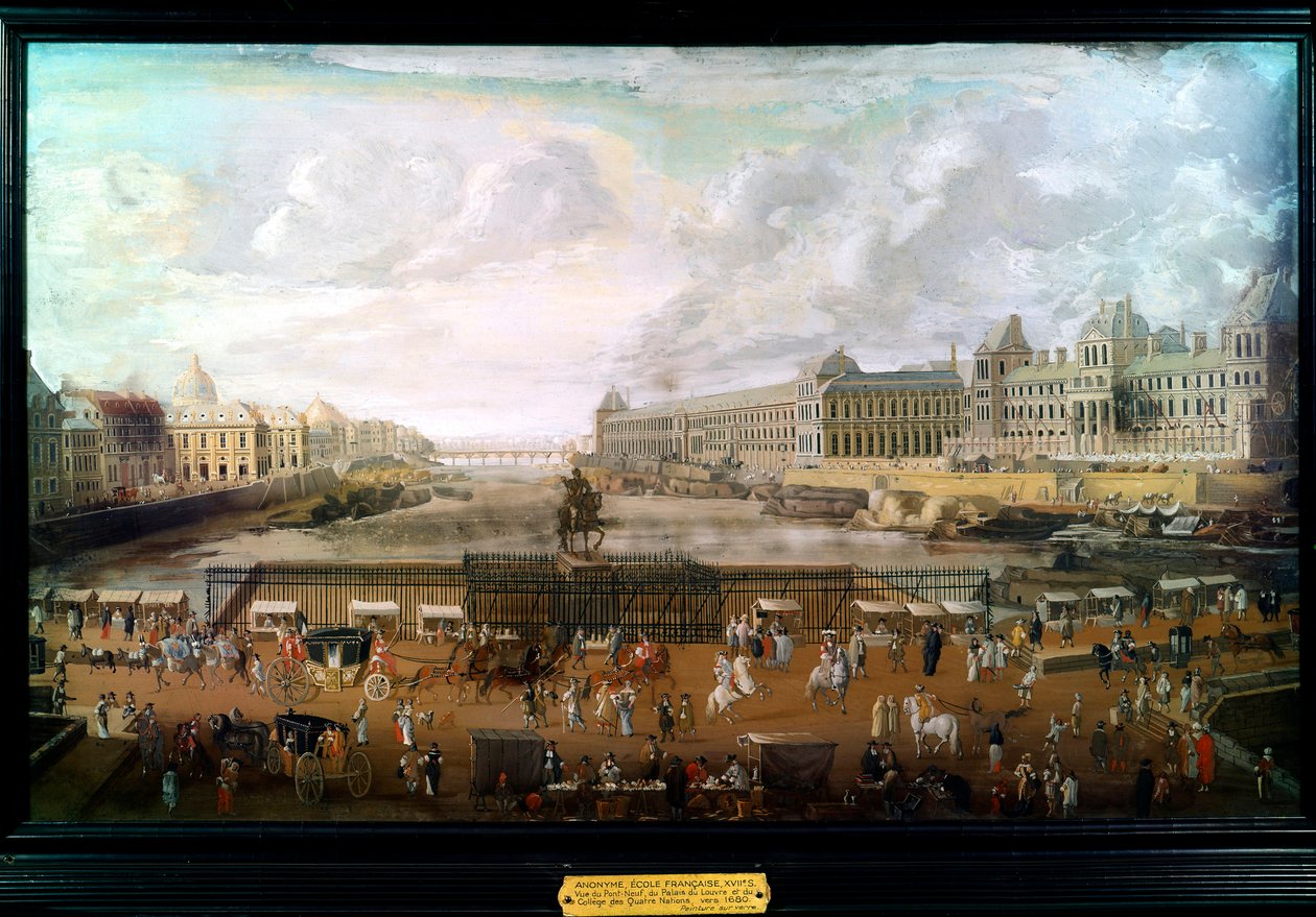 Paris, utsikt över Pont-neuf (Pont Neuf), Palais du Louvren och College of Four Nations cirka 1680 (olja på duk) av French School