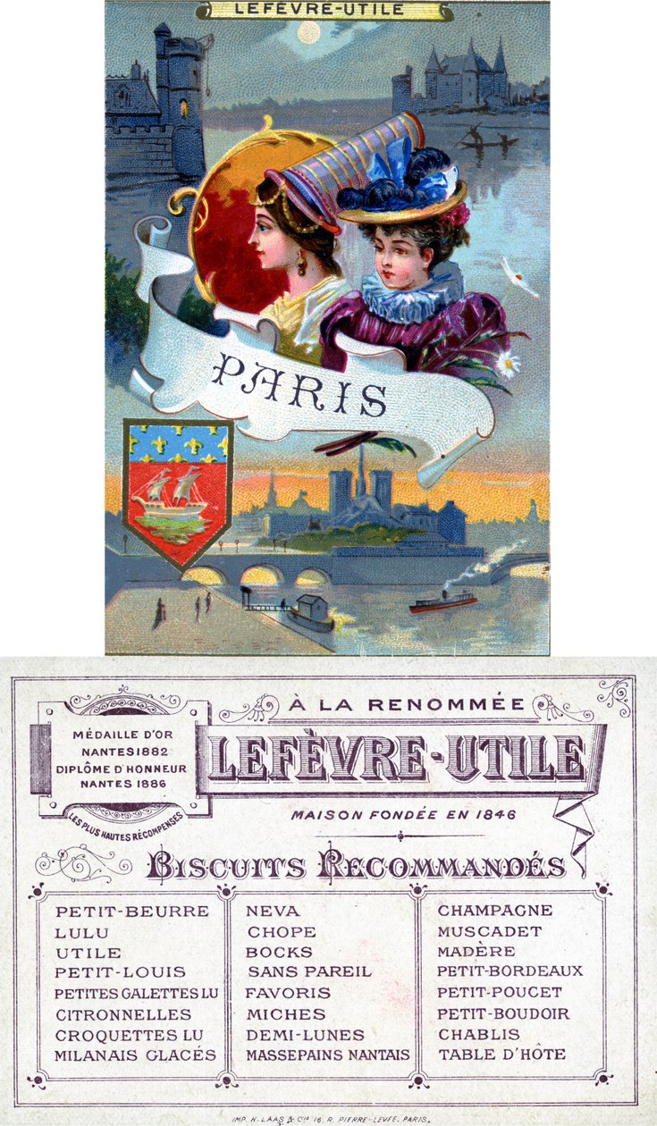 Paris, fram- och baksidan av ett reklamkort för Lefèvre-Utile (LU) kex, sent 1800-tal av French School