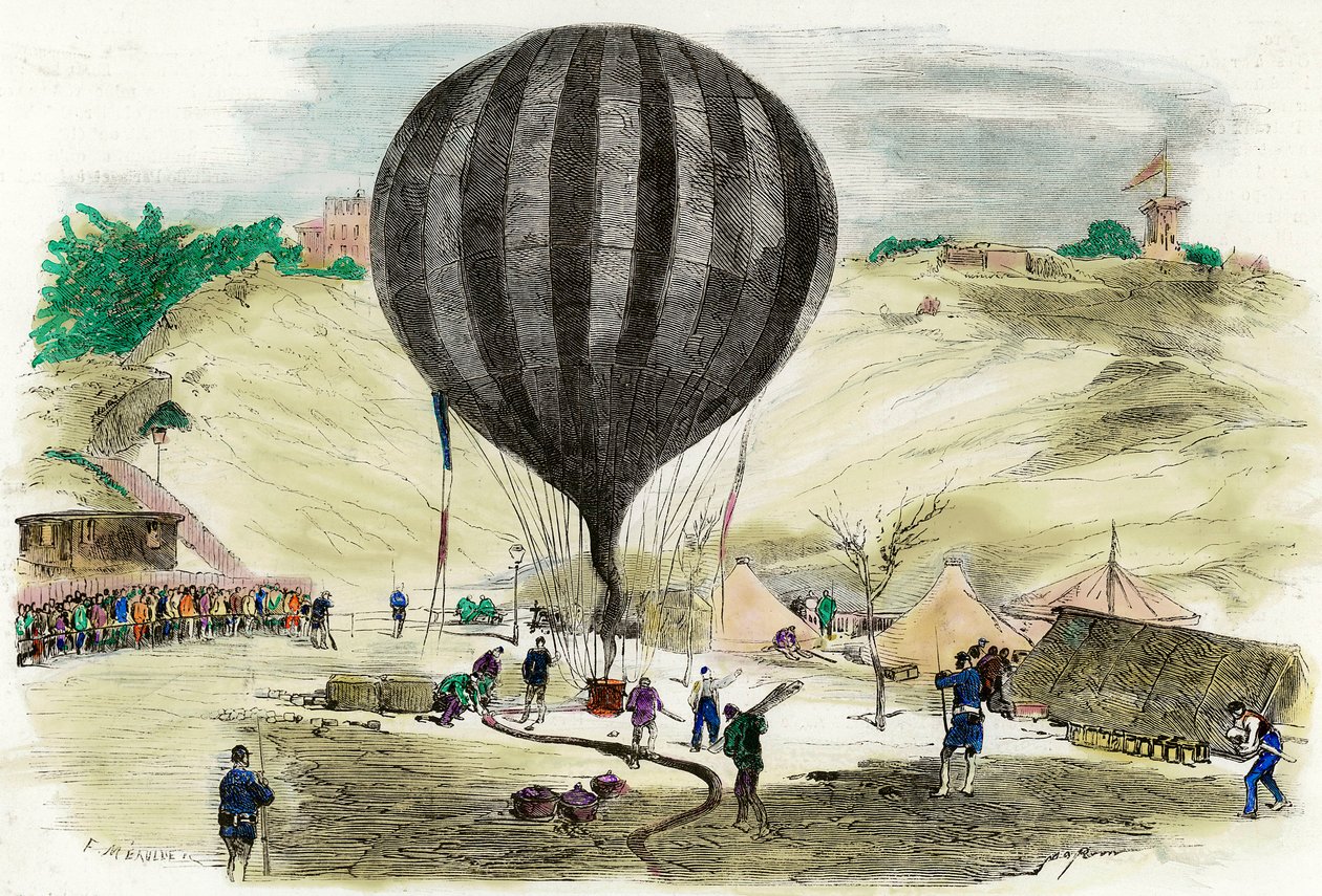 Paris högkvarter från 1870: vy av en av ballongerna som användes för kommunikation med omvärlden är placerad på Place Saint Pierre (Montmartre) i Paris. Gravyr från 1870 Privat samling av French School