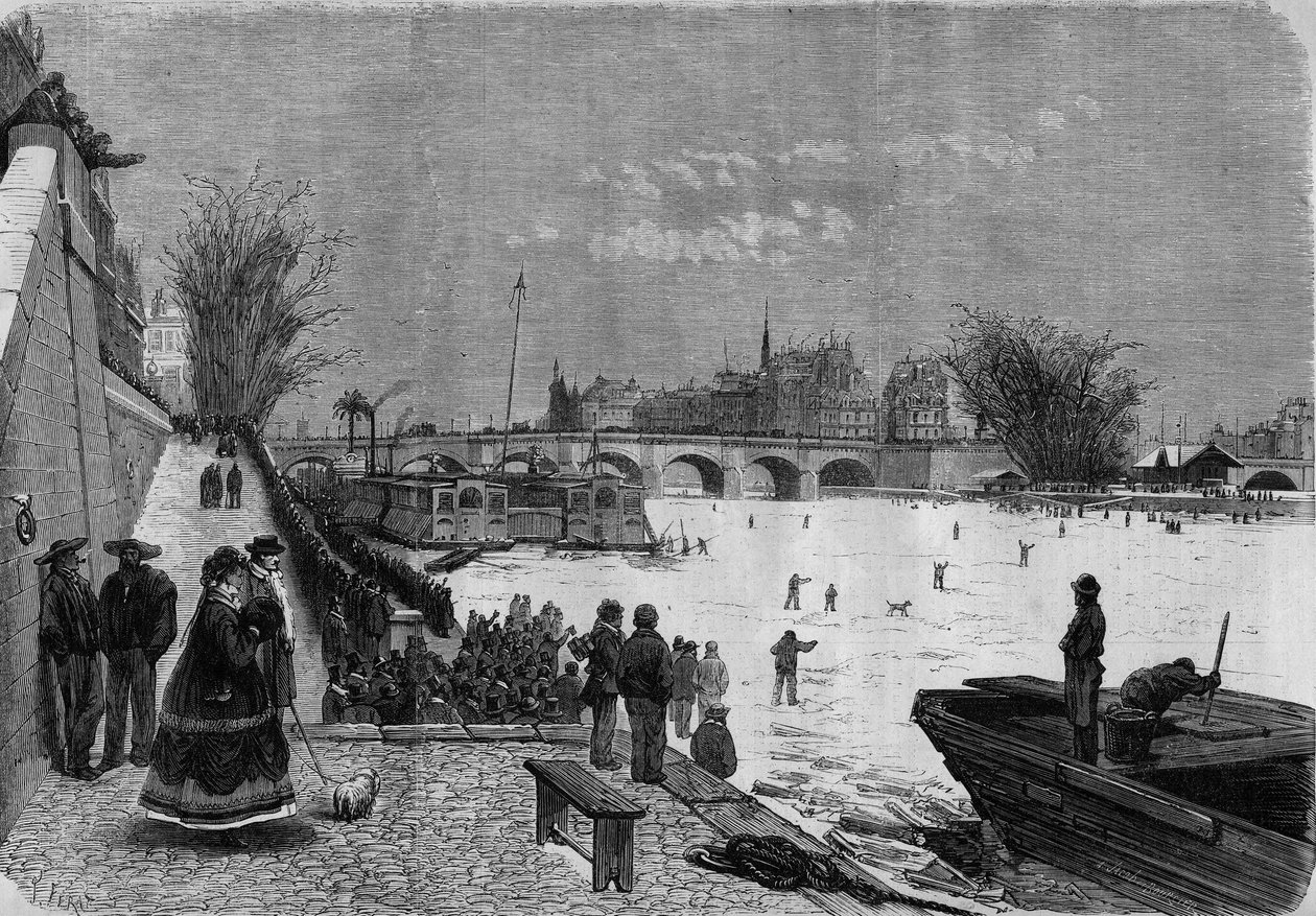 Paris, vintern 1868: den frusna Seine. Utsikt över floden från höjden av Pont Neuf. Gravyr i ""Le Monde Illustre"" nr 561 den 11 januari 1868. av French School