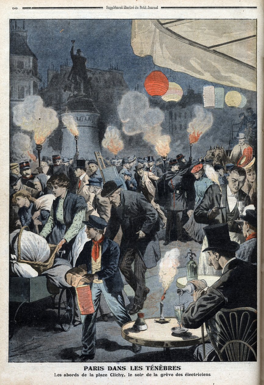 Paris i mörker - Omgivningen av Clichy-platsen, kvällen för elektrikerns strejk - "Le petit Journal"", mars 1907 (gravyr) av French School