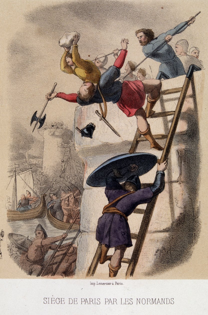 Normandernas belägring i Paris (885) - litografi, sent 1800-tal av French School