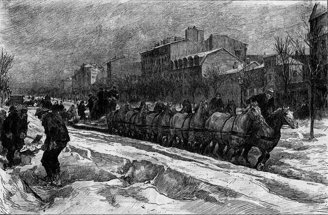 Paris under snön, vintern 1879-1880: isplogen (snöjakten) på Boulevard Montparnasse. Gravyr i "" Le Monde Illustré"" nr 1188 den 3 januari av French School
