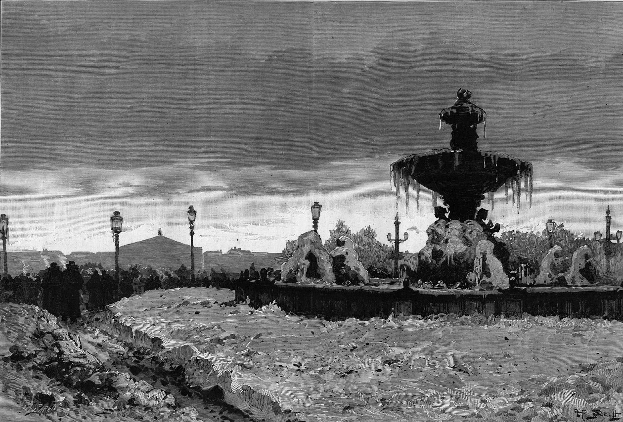 Paris under snön, vintern 1879-1880: utsikt över en av fontänerna på Place de la Concorde under frosten. Gravyr av Scott i ""The Illustrous World"" nr 1188 den 3 januari av French School