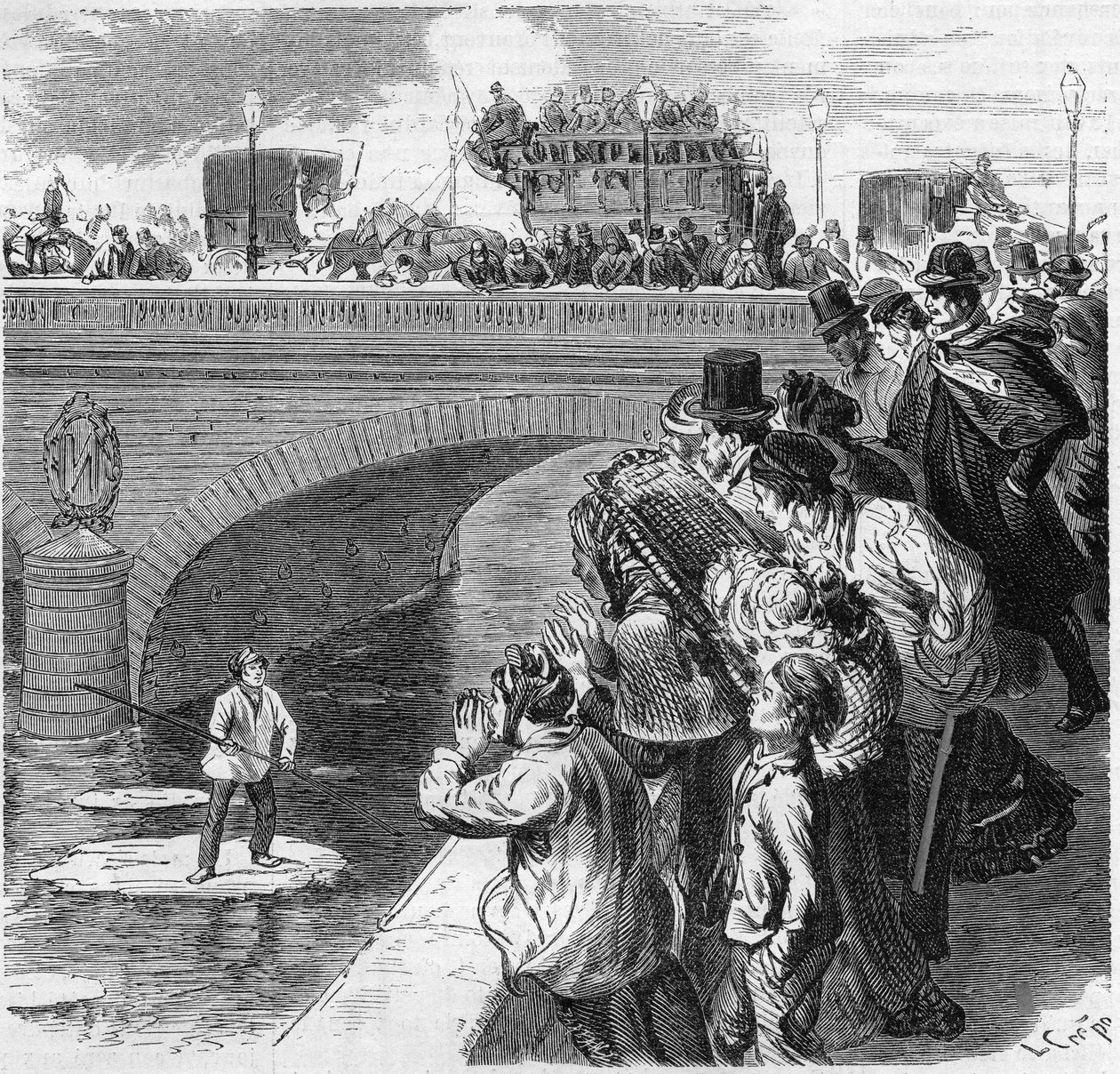 Paris, vintern 1870: ett barn klättrar på en glacon på väg mot Seine, från Bercy-bron till Passy-viadukten. Gravyr i "" Le Monde Illustré"" nr 672 av 26 februari 1870. av French School