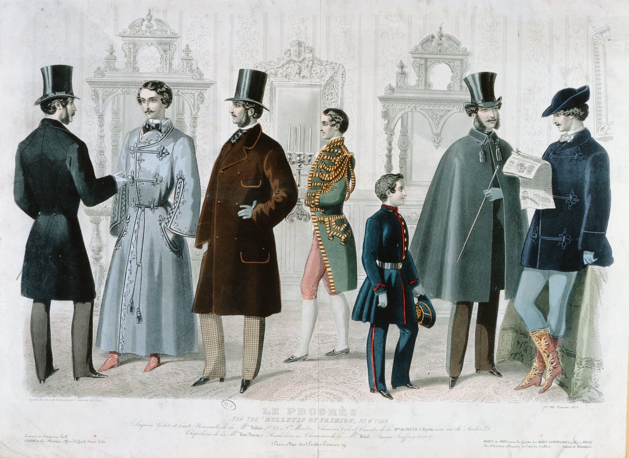 Parisisk modeskylt för Bulletin of Fashion, New York, februari 1858 (färggravyr) av French School