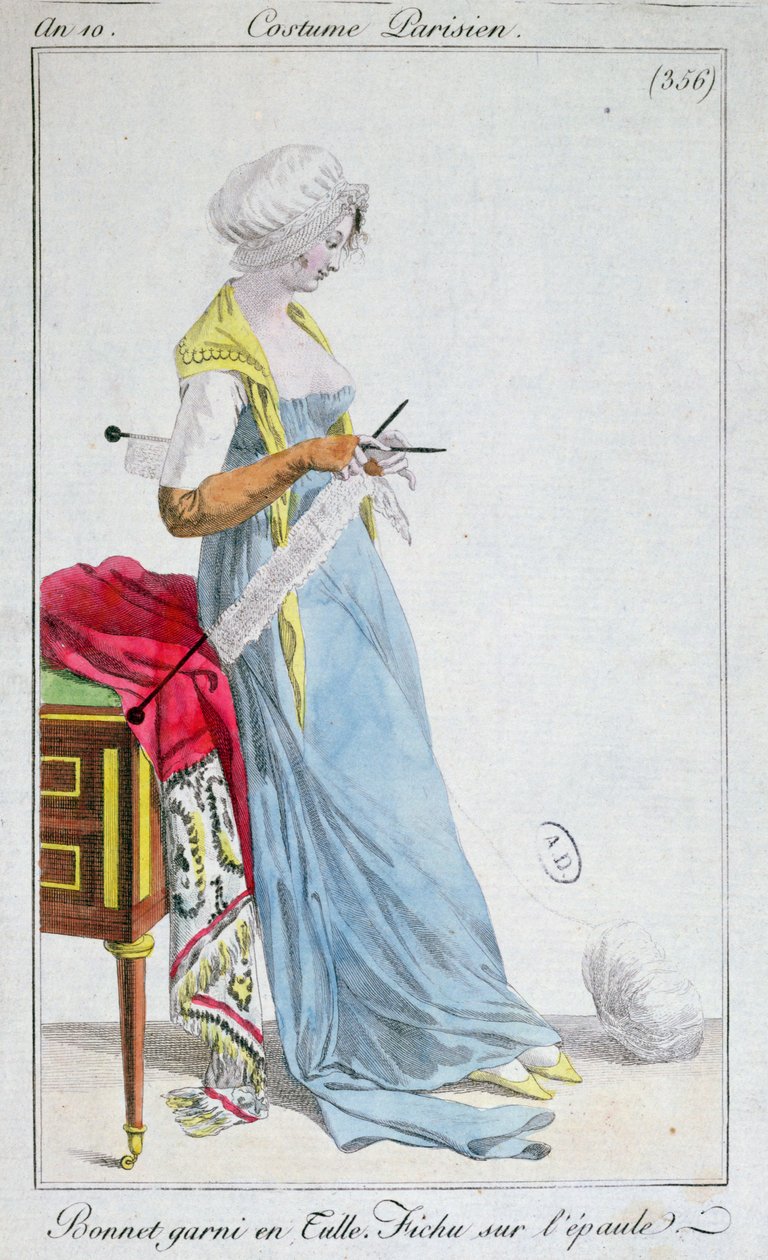 Parisisk kostym: huva trimmad med tyll, fichu på axlarna, 1802 av French School