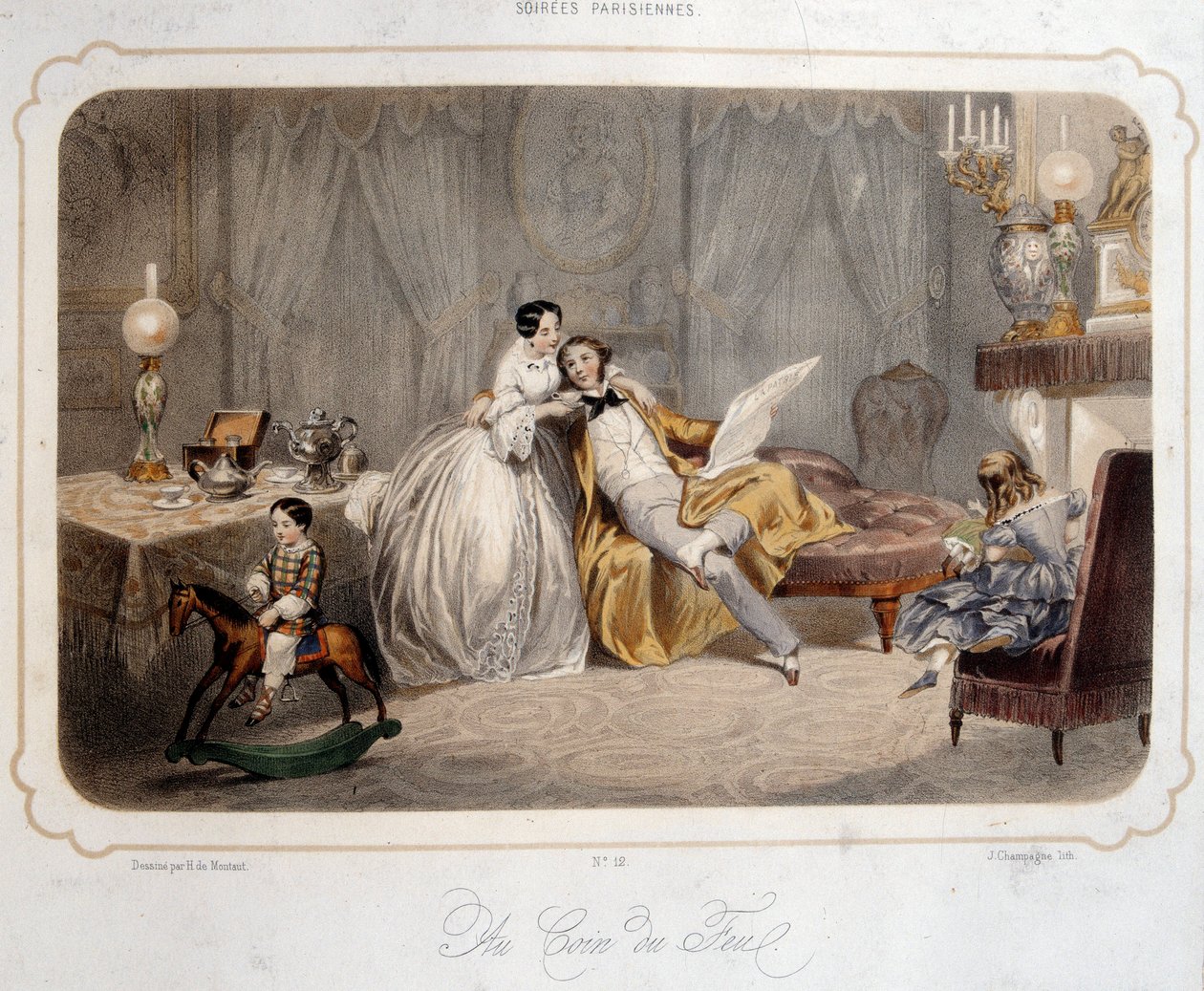 Parisiska kvällar: "vid elden" Ett borgerligt par och barn på en trähäst i en interiör. Litografi från 1800-talets Paris. Dekorativ konst av French School