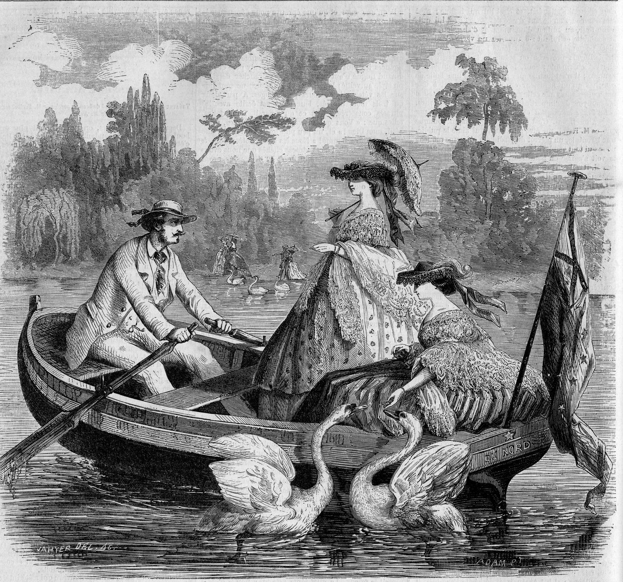 Parisiska lägen, sommaren 1857: båttur på en sjö. Gravyr i "" Le Monde Illustré"" nr 24 av 26 september 1857. av French School