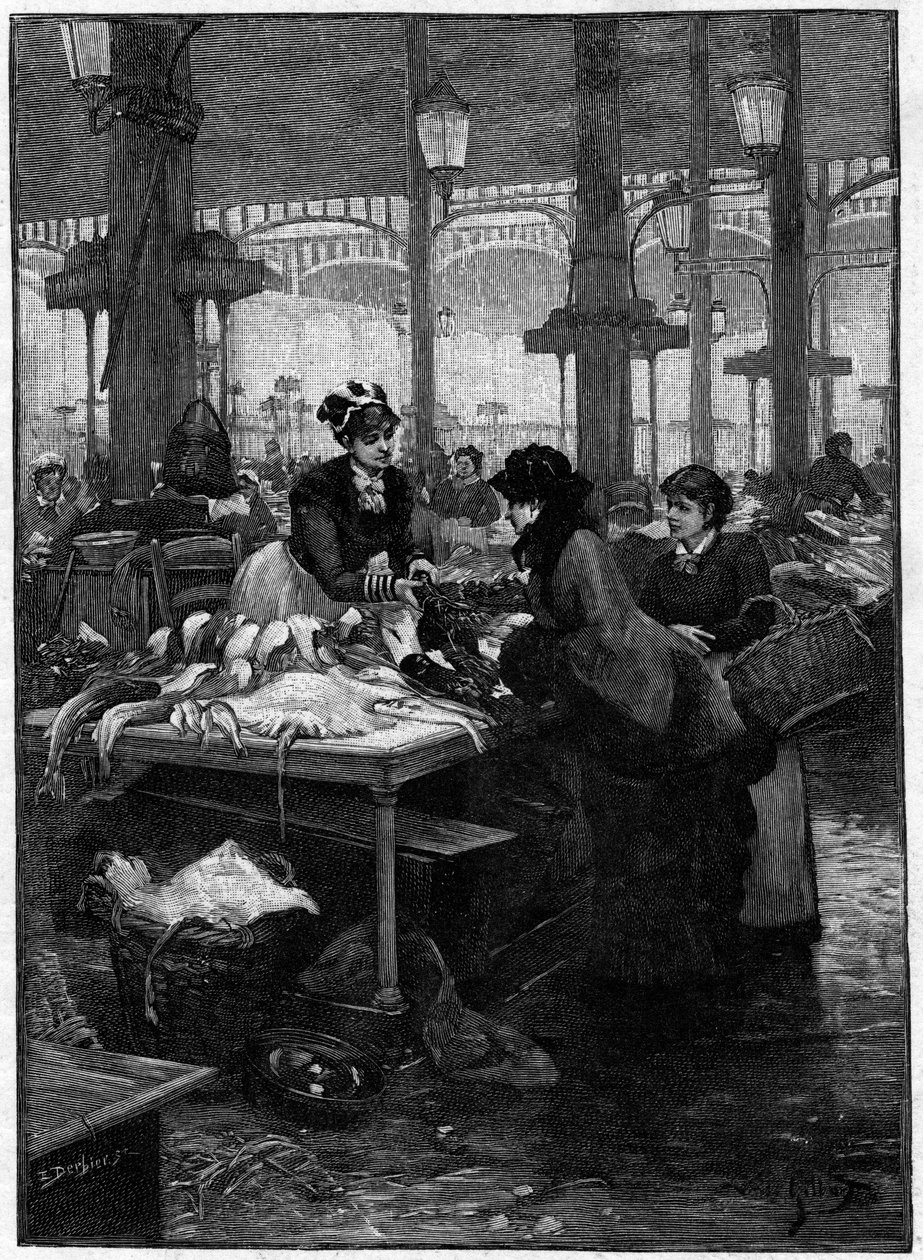 Parisisk scen på 1800-talet: en fiskhandlare och en kund i Halles centrala. Derbiergravyr från Gilberts målning. Sent 1800-tal. I "" Världens huvudstäder: Paris""". av French School