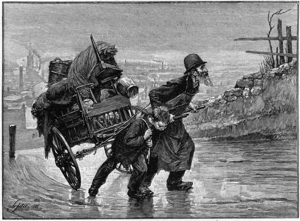 Parisisk scen på 1800-talet: en gammal man och ett barn som drar sin vagn nerför gatan. Gravyr av Rousseau efter Geoffroys målning av French School