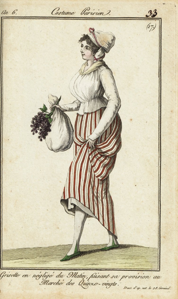 Parisisk butiksflicka i ledig morgonklänning, 26 mars 1798 (handfärgad kopparstick) av French School