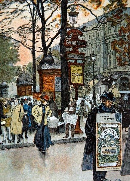 Parisisk gatubild nära tunnelbanestationen Palais-Royal, ca 1900 (färg litho) av French School