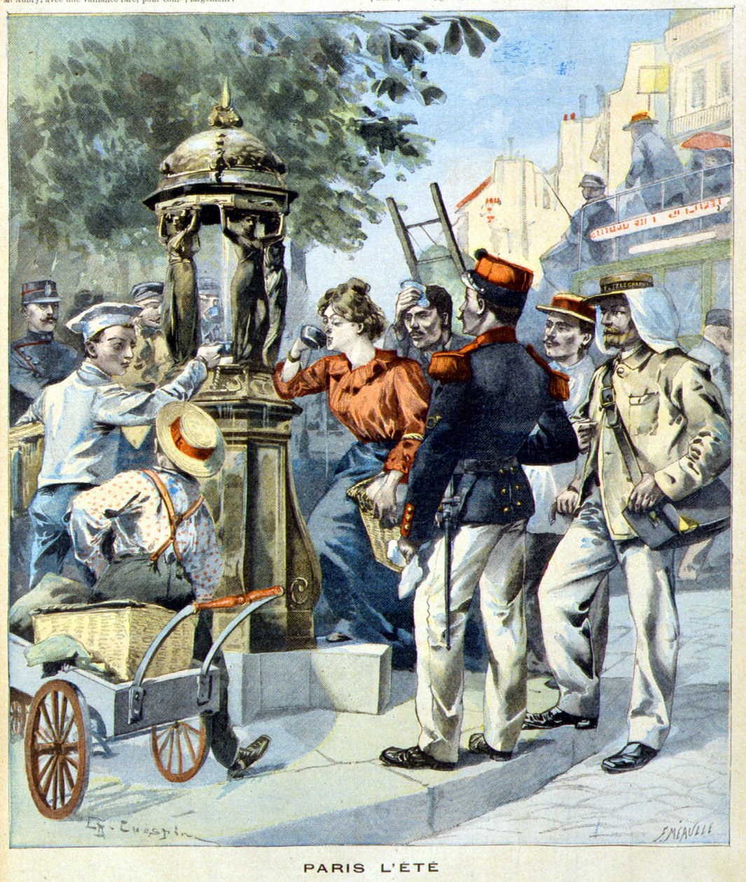 Parisare dricker runt en Wallace-fontän - i "Le Petit Journal" av 1900-08-19 (gravyr) av French School