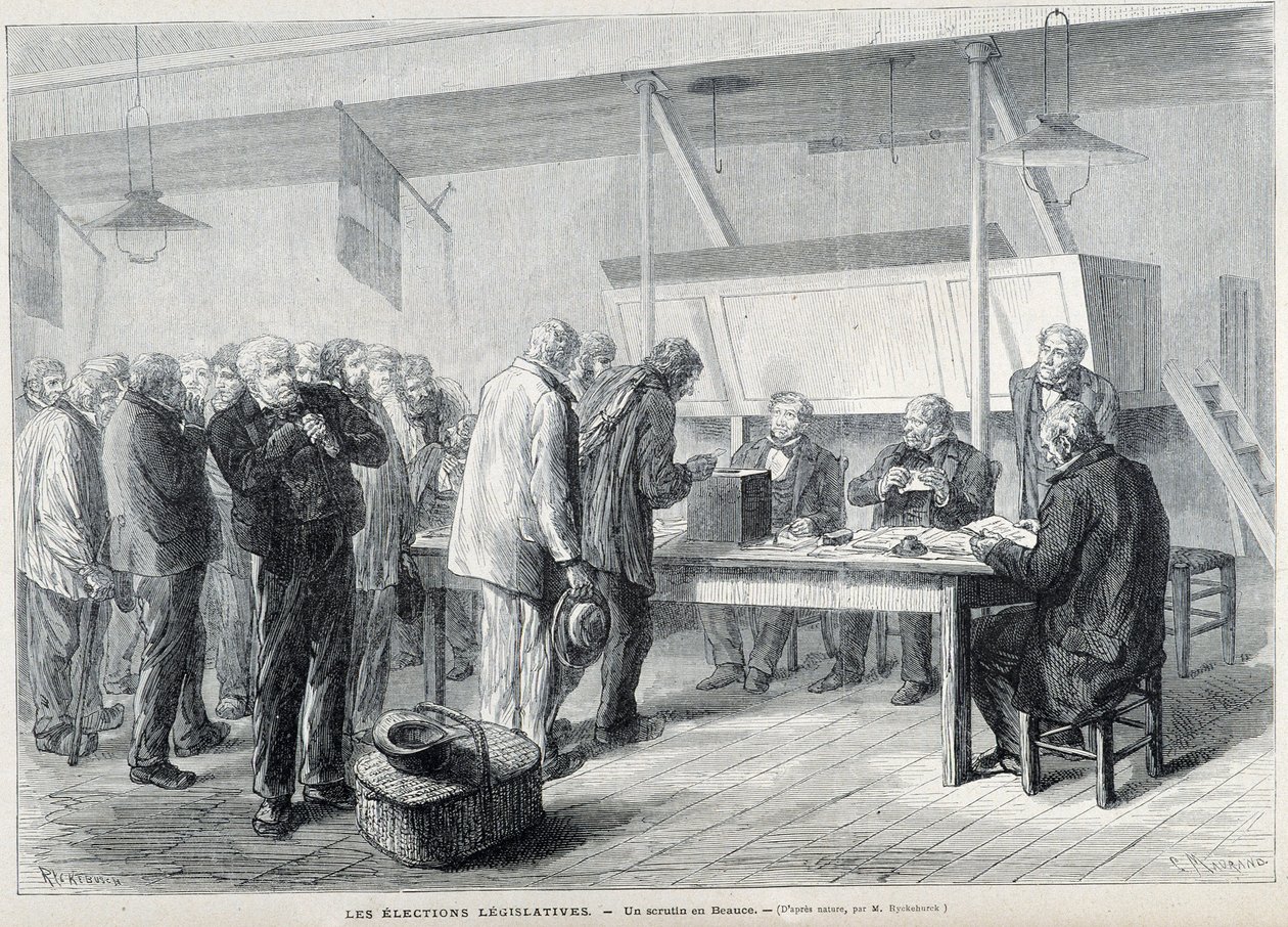 Parlamentsval: en vallokal i Beauce - i "" Le Monde Illustré ", mars 1876 av French School
